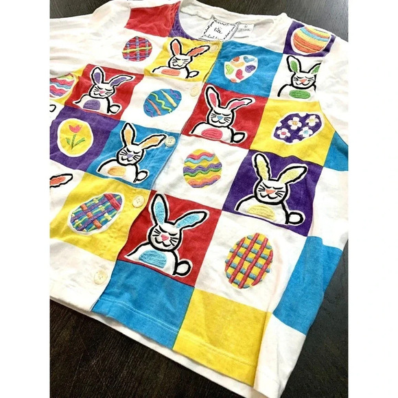 Vintage Michael Simon New York Easter Bunny Eggs Cardigan White Sweater Large L - Picture 3 of 13